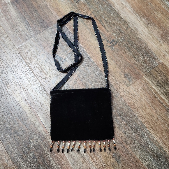 BEAUTIFUL BOHO SILK VELVET BEADED & FEATHERS CROSSBODY PURSE - Picture 7 of 13
